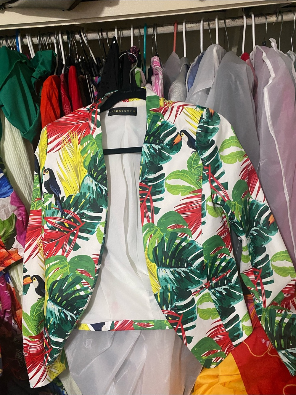 Brookstone Tropical Leaf Print Blazer Jacket - White, Green, Red, Yellow, Black